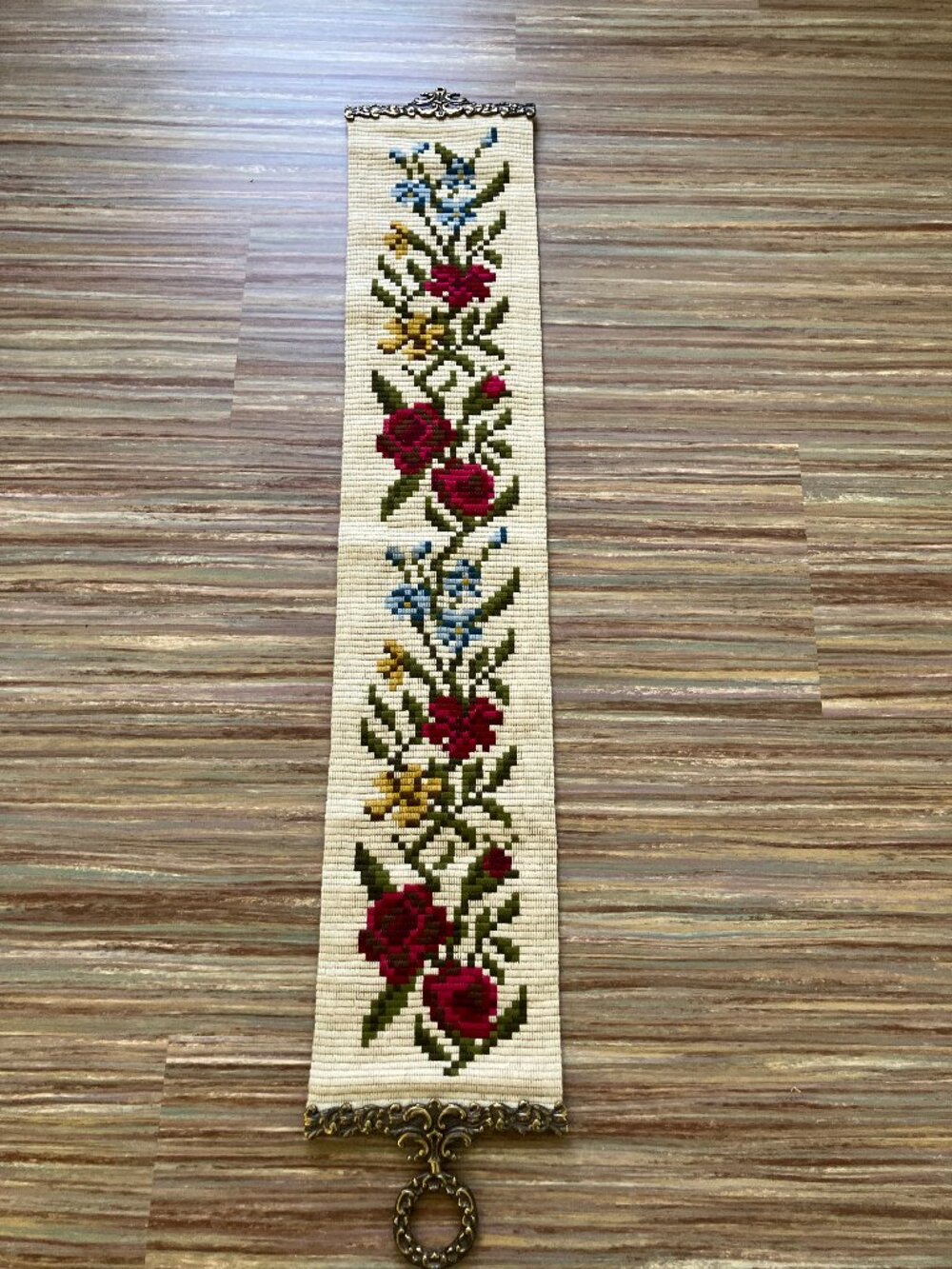 Rose Floral Akle Long Stitch Bell Pull Hand Embroidered Heavy Brass Hanger 50"